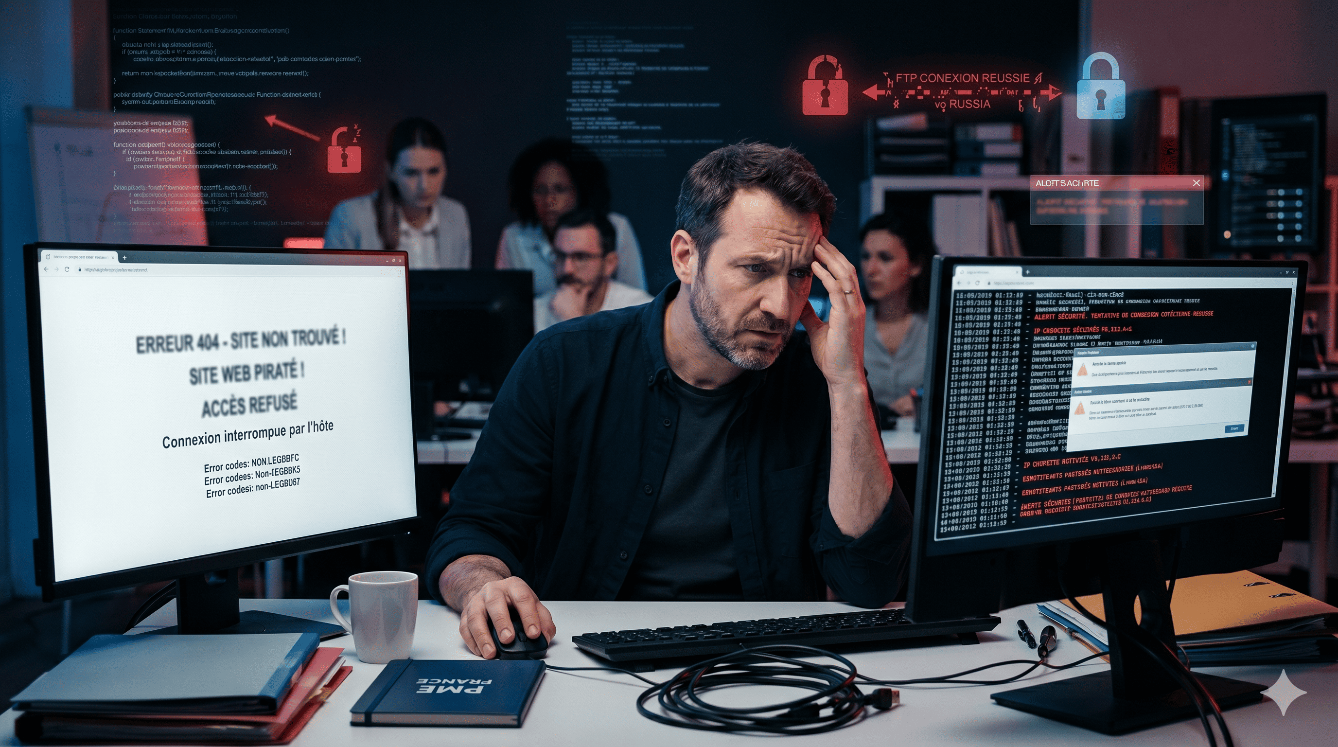 Analyse de logs informatiques par un expert en cybersécurité pour identifier un piratage de site web de PME.